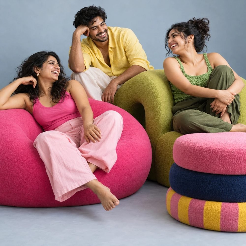 Three friends laughing on a pink Squish bean bag, a green foam arch and a stack of round poufs