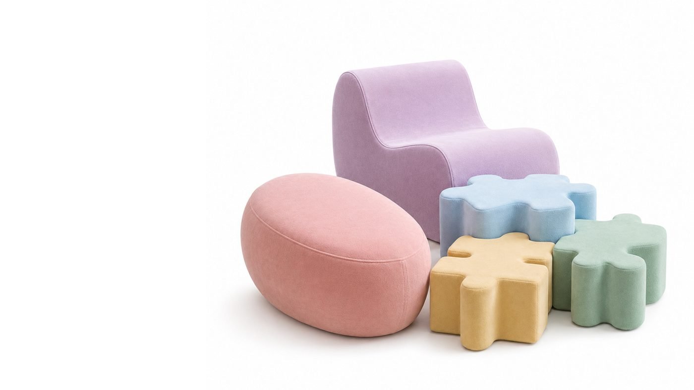 A lilac foam lounge chair, a pink pebble pouf and pastel puzzle-shaped seats